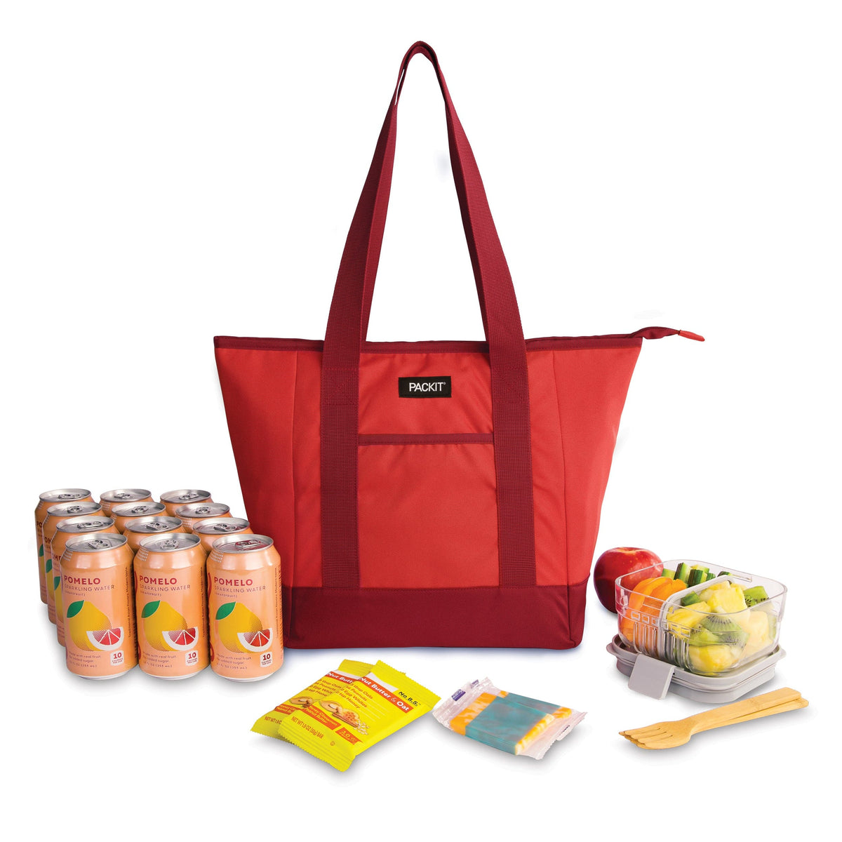 freezable-12-can-tote-cooler-i1 freezable-12-can-tote-cooler-poppy-front-food-combo.jpg