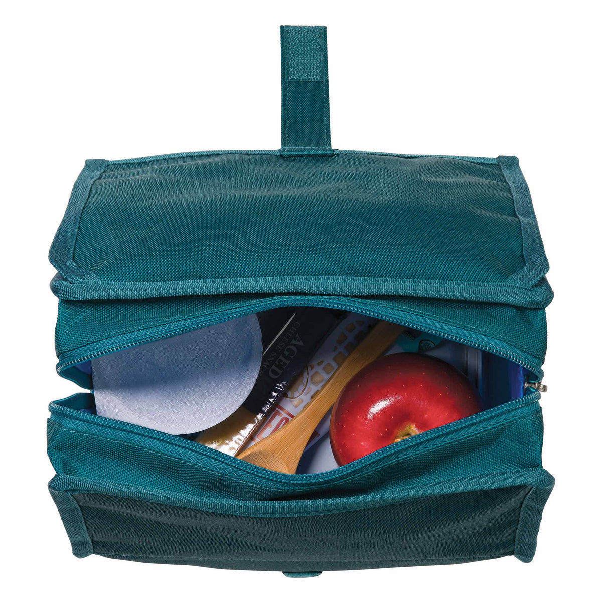 freezable-lunch-bag-x8 freezable-lunch-bag-deep-teal-top-view-packed.jpg